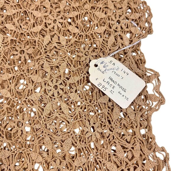 Vintage Handmade Intricate Lace Crocheted Tablecloth 60”x72” Tan Scalloped - Picture 7 of 11